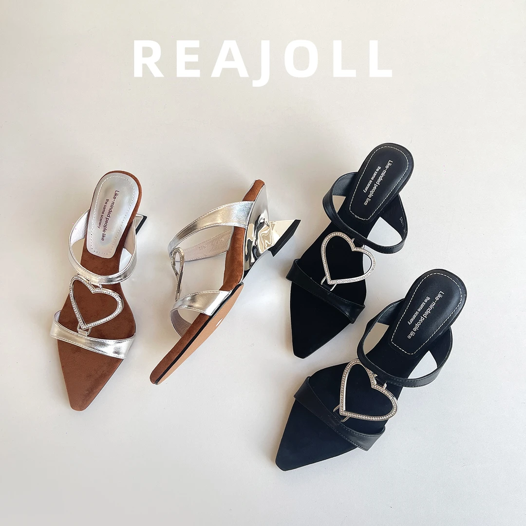 法式小众设计坡跟高跟鞋心心一字带拖鞋女外穿夏季新款黑色凉拖