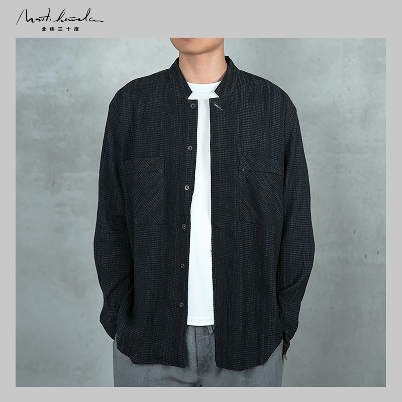 北纬三十度原创设计师男士春季品质休闲宽松时尚舒适长袖立领衬衫