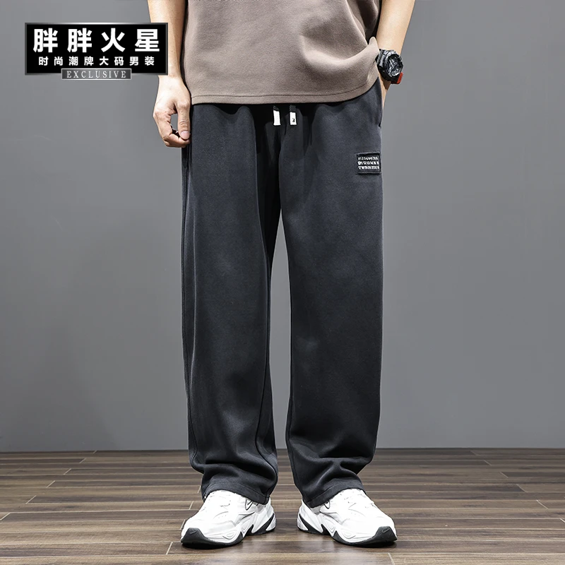 胖胖火星大码男装春季男士直筒休闲裤加肥加大水洗做旧潮牌阔腿裤