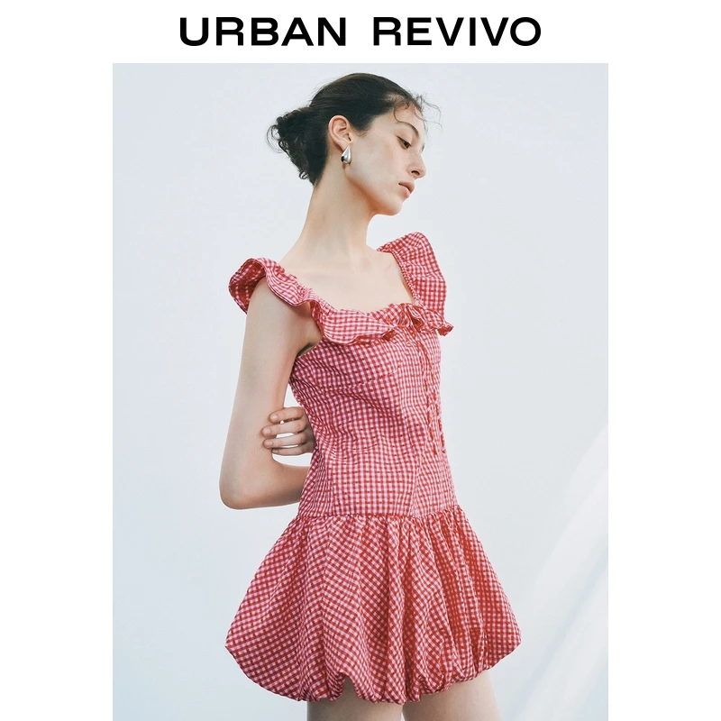 UR2025秋季新款女装复古撞色格纹系带花苞连衣裙UYY750103+