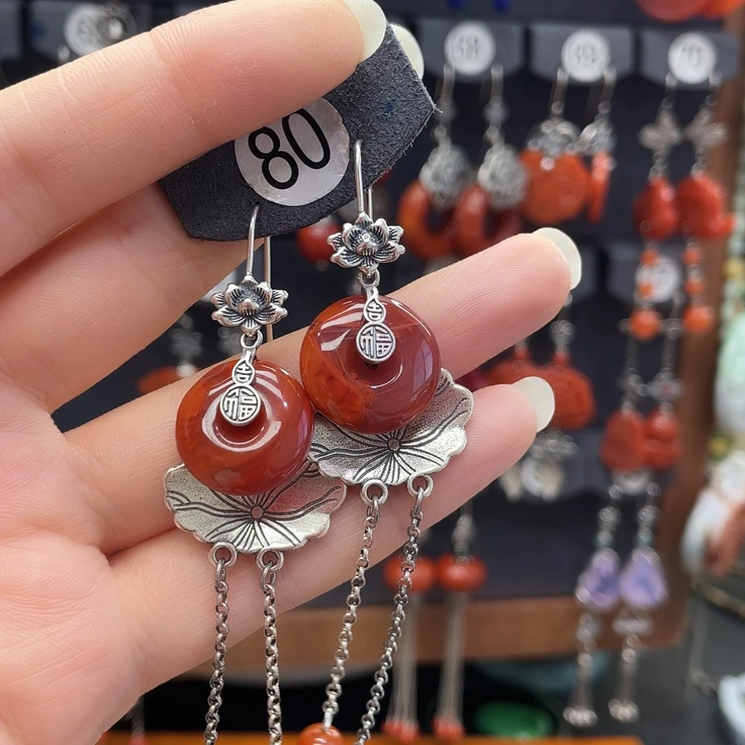 南红玛瑙耳饰银S925镶嵌米**妈925ghnhggj