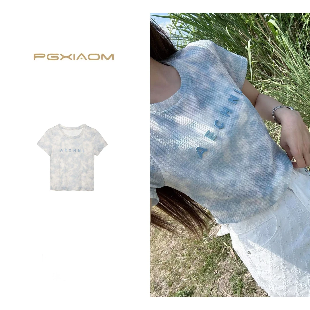 【PGXIAOM】润秀定制粉 蓝两色晕染圆领字母T恤衫TX5949