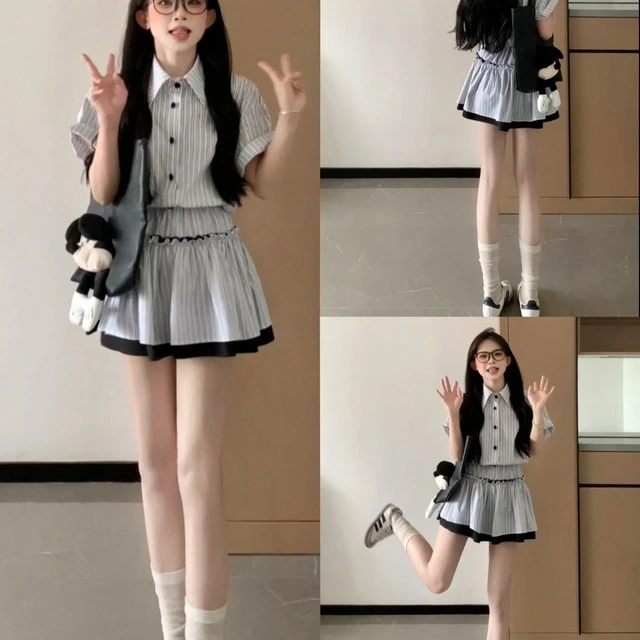 翻领竖纹衬衫上衣女夏季新款大码胖mm学院风撞色高腰半身裙两件套