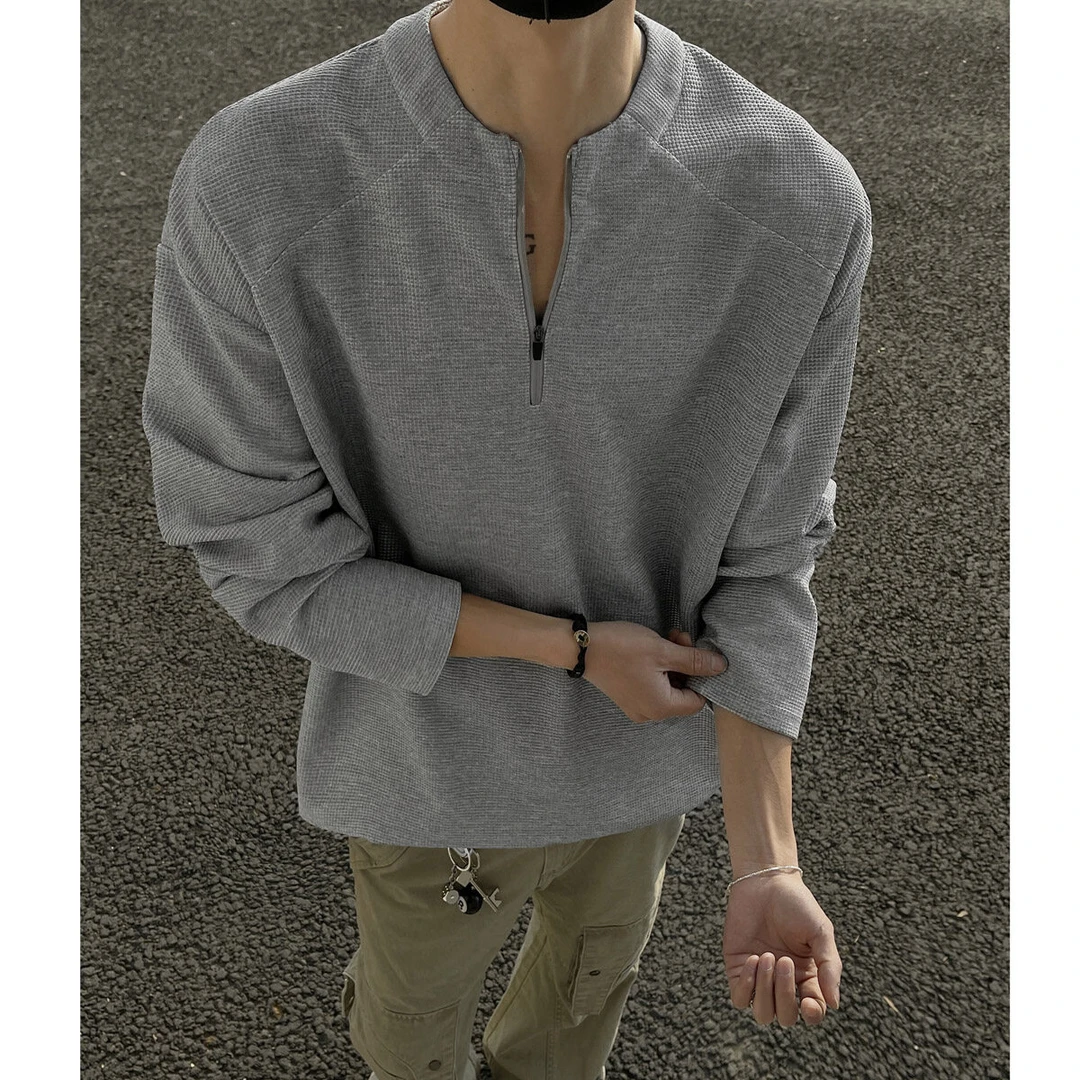 华夫格半拉链长袖t恤男款宽松慵懒风内搭打底衫亨利领插肩袖卫衣
