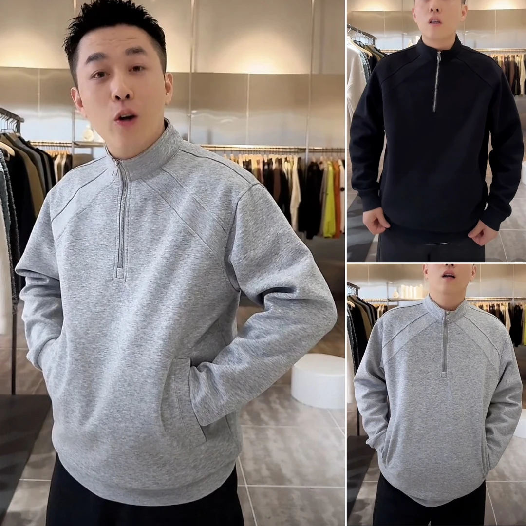 2025秋冬季纯色拼接立领长袖半拉链卫衣时尚百搭宽松型休闲卫衣男