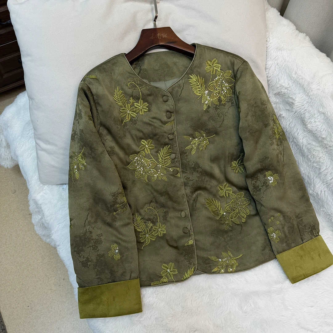 【锦茵】新中式重工缎面刺绣外套女秋冬新款拼接国风轻薄棉服上衣