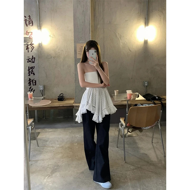 设计感不规则花边修身抹胸条纹拼接半裙上衣女2025夏季高腰阔腿裤