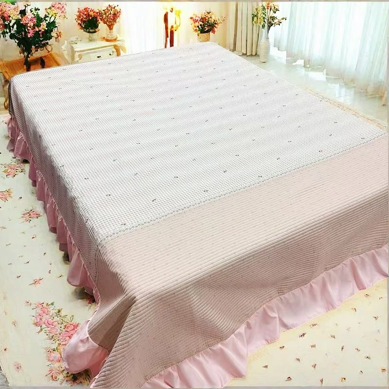 【粉色千格】2.3*2.5米（含花边）四季A类新款夹棉加厚加大床裙款床盖
