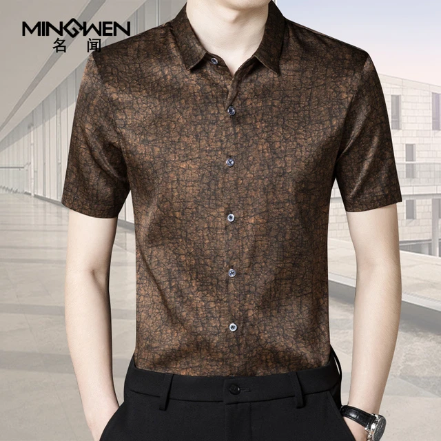 龟纹香云缎衬衫男短袖薄款印花桑蚕丝绸缎衬衣高级感真丝半袖上衣