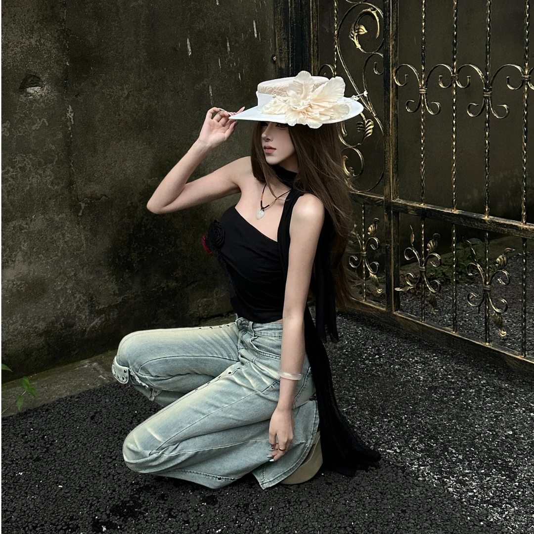 【Aureate Muse】立体花朵抹胸背心女2025夏季甜辣复古外穿抹胸上衣