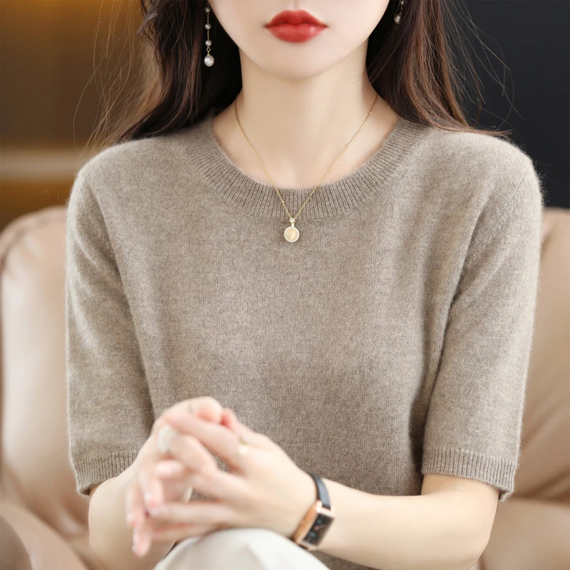 大码女装春夏精仿羊毛针织新款短袖T恤圆领薄款阔太太气质上衣女