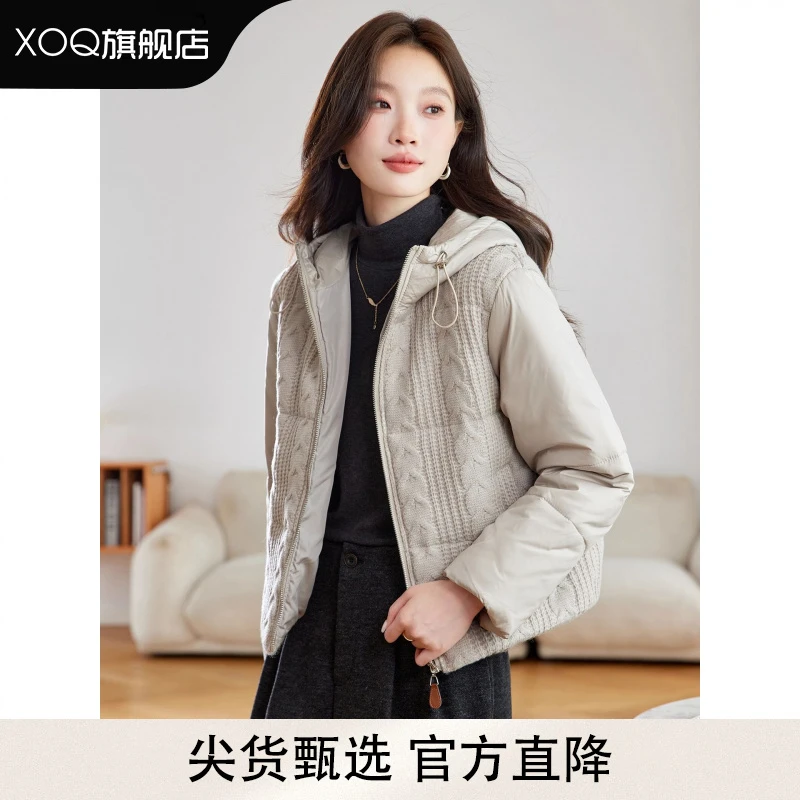 XOQ官方设计感拼接连帽短款棉服女秋冬高级感棉袄保暖时尚外套