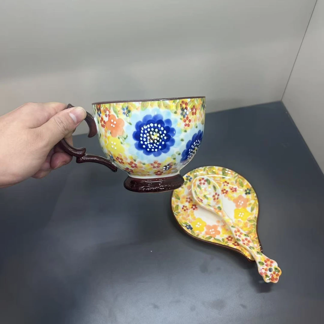 【初下厨】莫奈花园系列600ml早餐杯咖啡杯三件套高温釉下彩陶瓷杯