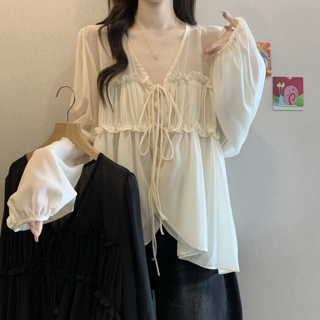 法式不规则超仙V领褶皱雪纺衫夏大码胖MM设计感遮肚显瘦减龄上衣