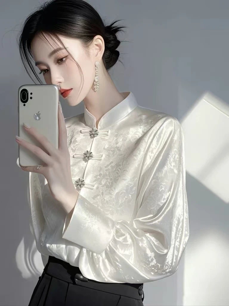 早春新中式国风内搭打底衫女高级感轻奢减龄洋气白色中国风衬衫女