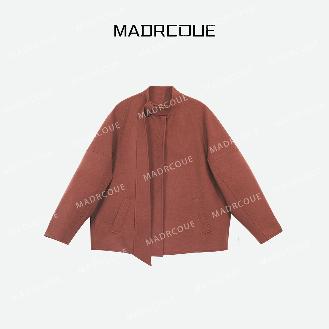 MADRCOUE 江奇怪 飘带立领毛呢外套宽松气质拼接外穿上衣 JJC8059