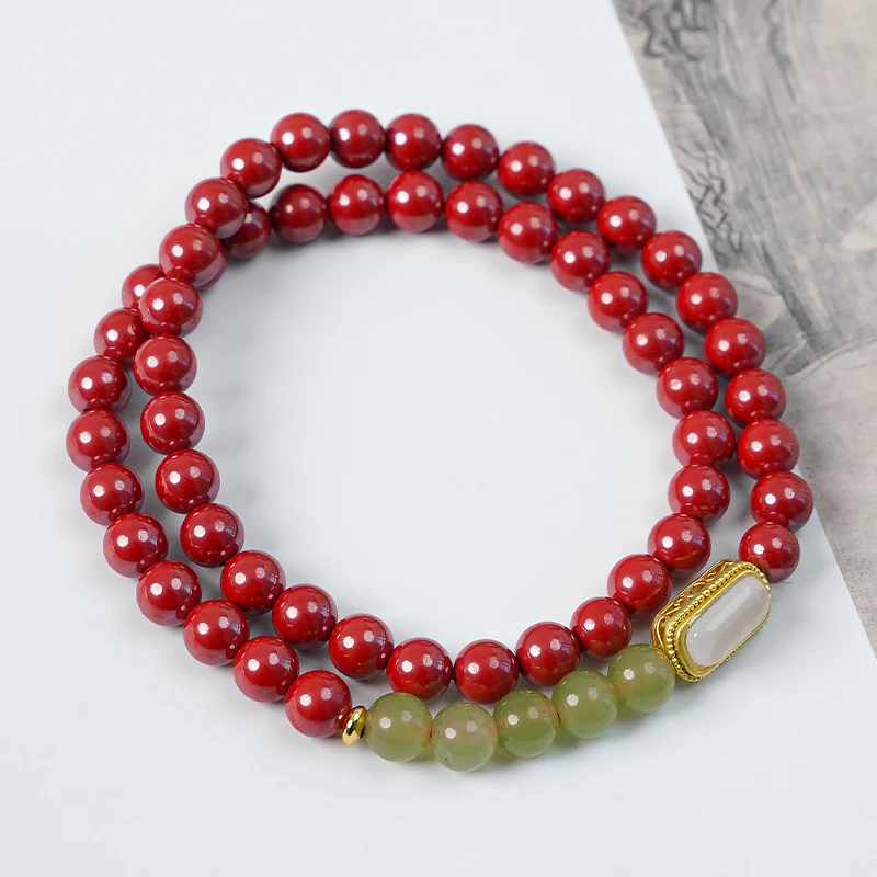 含辰砂工艺品本命年红色双圈帝王砂朱砂无事牌手链-8619