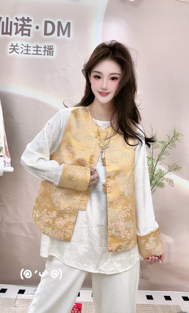 春季新款新中式马甲两件套国风三色马夹中国风提花民族风时尚