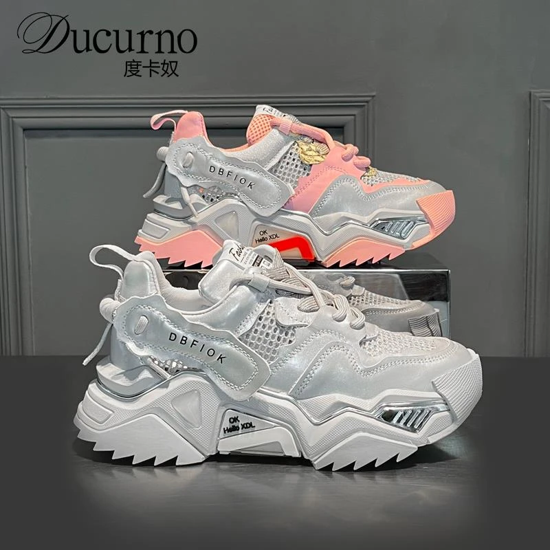 系带真皮增高老爹鞋女2025夏季新款透气网面厚底拼色运动休闲鞋潮