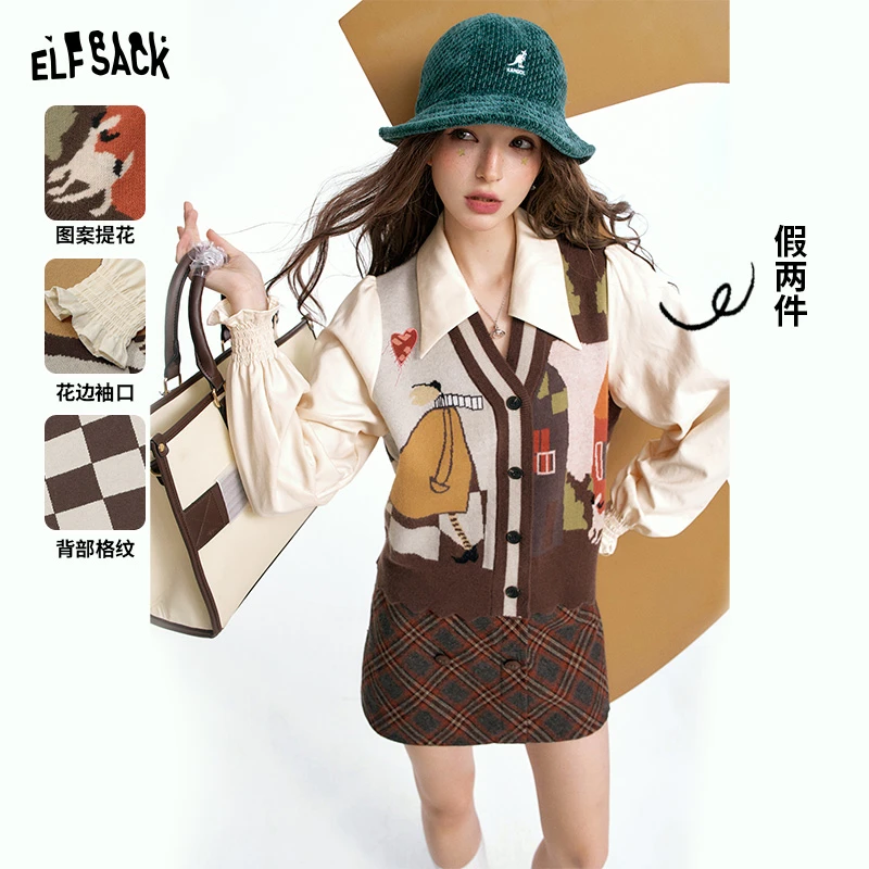 【陈嘉尔专属】妖精的口袋 一眼艺术家 复古印花假两件针织衫POLO