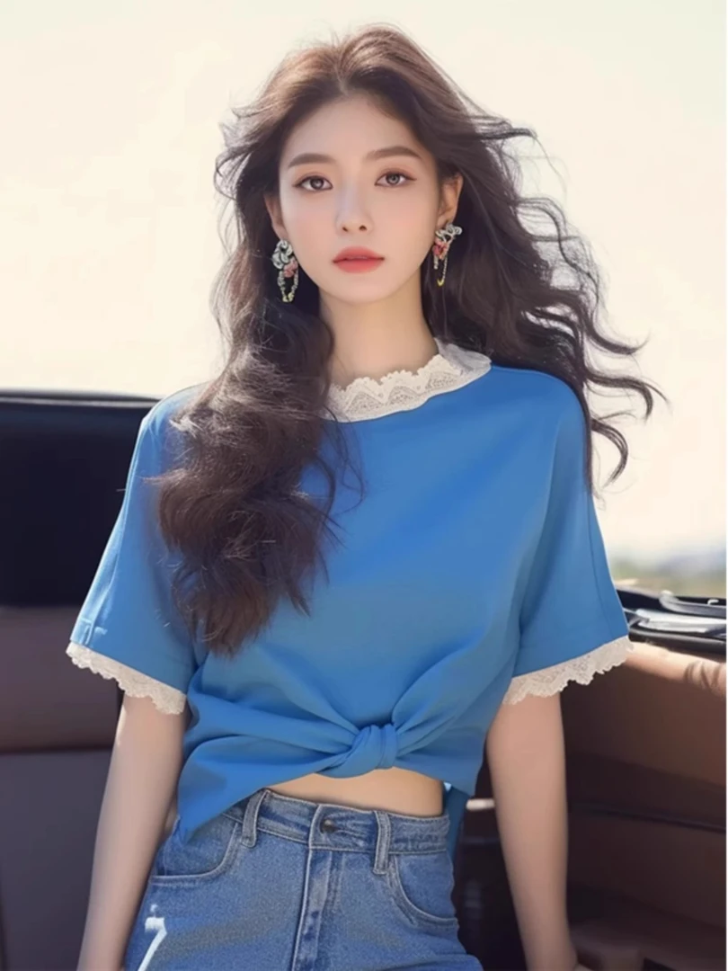 洋气独特超好看小众设计别致上衣多巴胺蓝色蕾丝拼接圆领短袖t恤