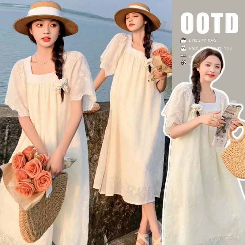 2025夏装孕妇新款时尚方领新国风刺绣连衣裙宽松显瘦气质款仙女裙