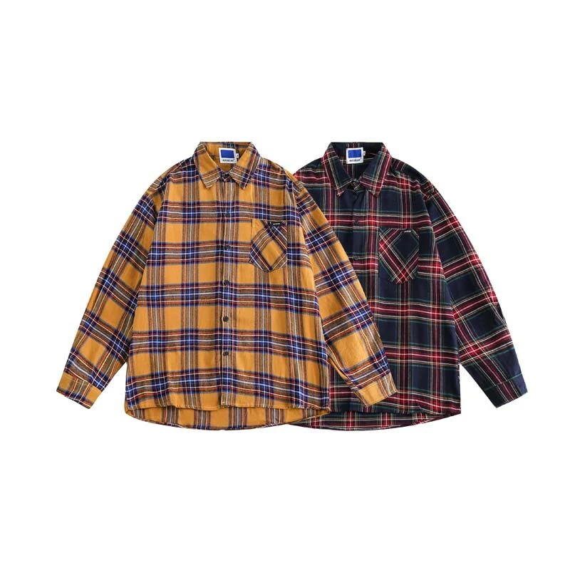 春季港风宽松男磨毛格子长袖衬衫中性休闲衬衣