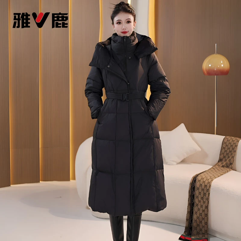 雅鹿冬季新款白鸭绒保暖连帽简约时尚百搭中长款羽绒服