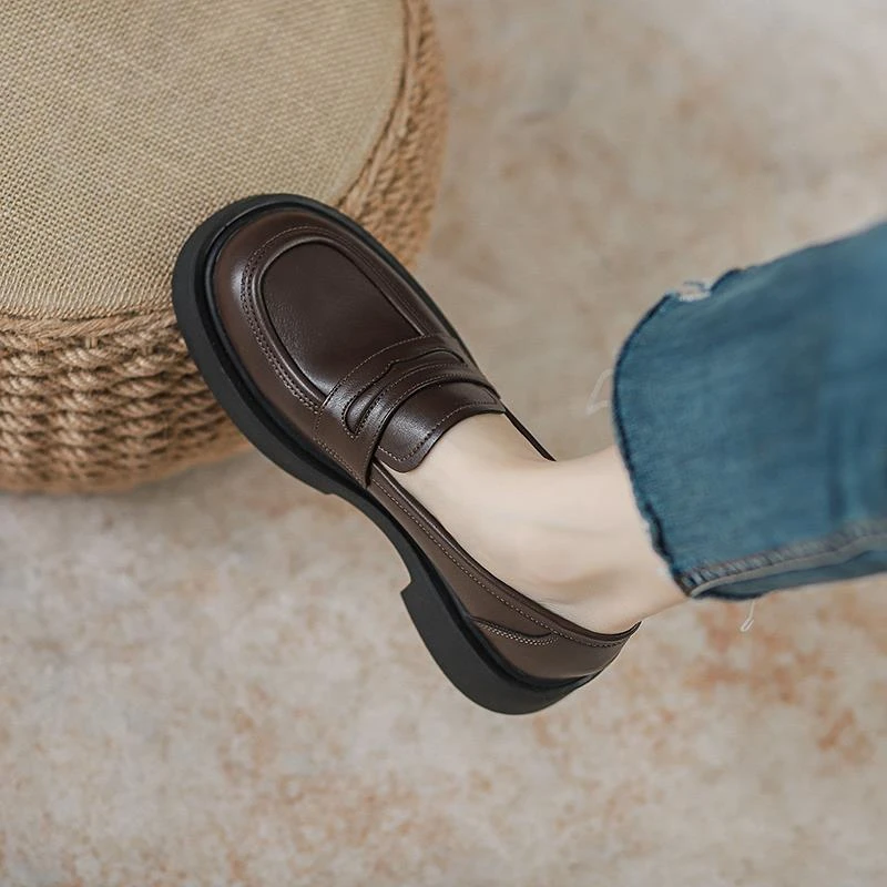 三福真皮软皮厚底乐福鞋女秋季新款一脚蹬单鞋黑色工作百搭小皮鞋