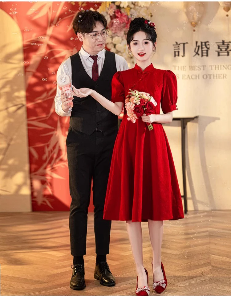 3160小夕红色敬酒服2025新款新娘孕妇订婚旗袍高级感连衣裙礼服裙