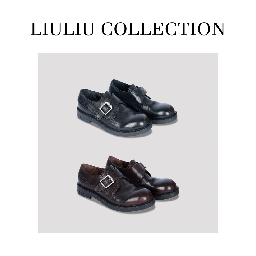 意大利马皮带扣圆头粗跟单鞋厚底英伦风乐福皮鞋女4公分 U36