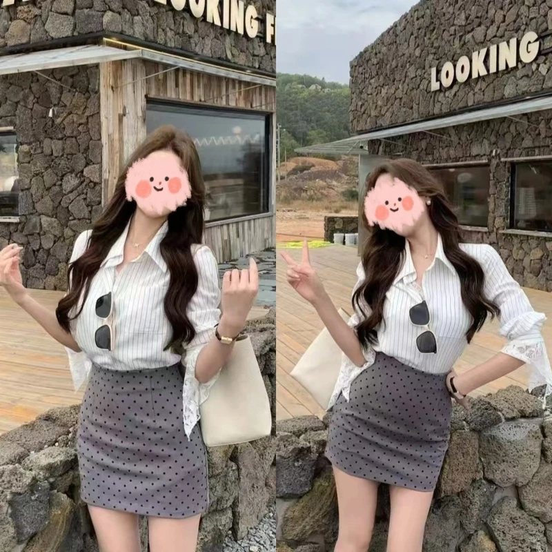 2025春秋季新款韩版设计洋气条纹拼接蕾丝衬衣+高腰点点短裙套装