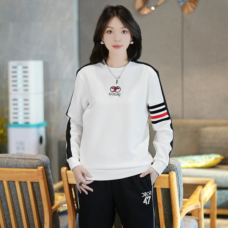 【清福利】秋冬季休闲简约拼色条纹印花卫衣男士时尚潮流圆领打底衫