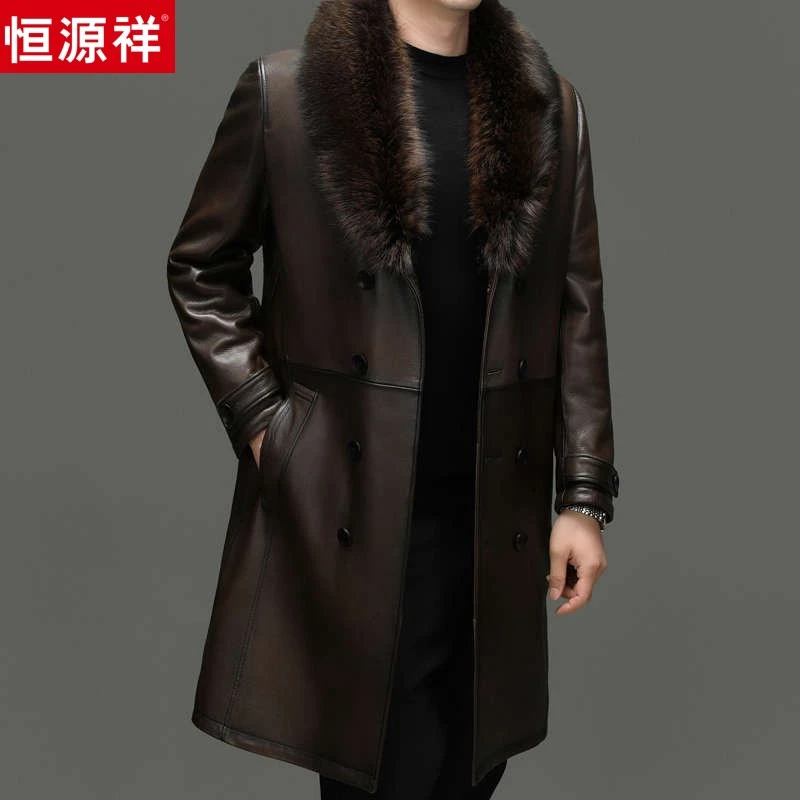 恒源祥匠新长风衣貂皮大衣男真皮皮衣进口山羊皮水貂整貂内胆双排