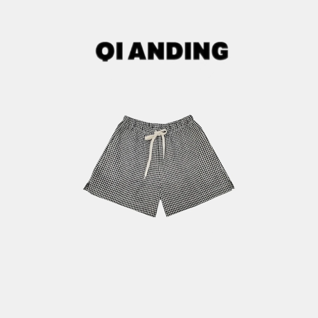 【QIANDING】25新款100亚麻撞色格子休闲短裤25753