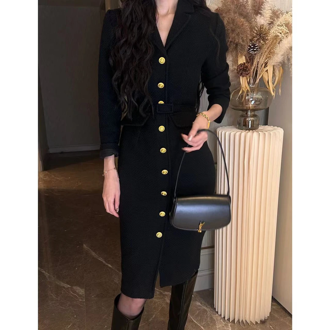 LiLi《温莎记忆》法式赫本风枪驳领重工肌理感收腰裙