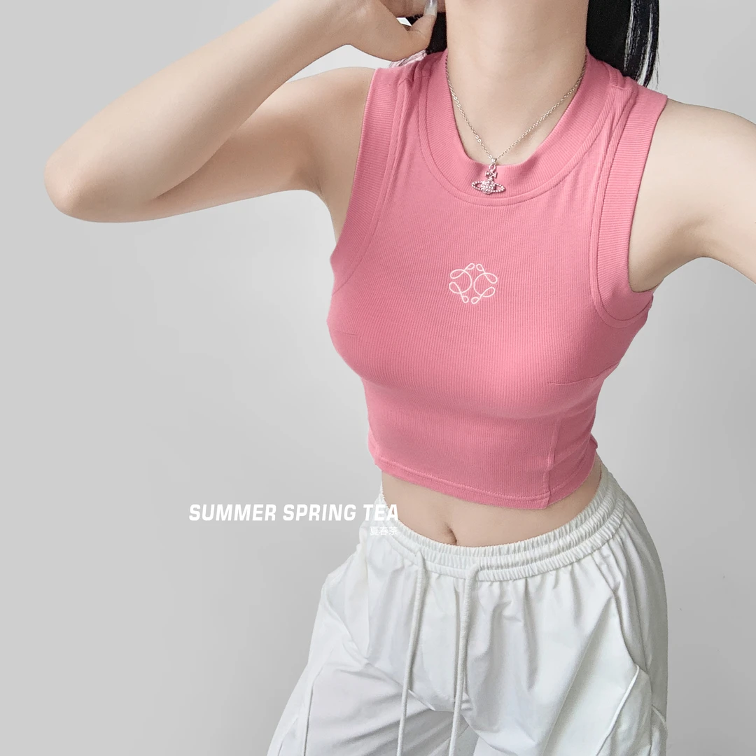 【夏春茶】原创摩登辣妹 刺绣工字背心女夏季后背镂空露肚脐小上