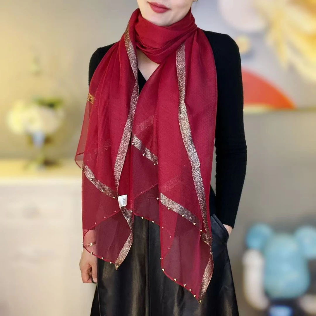 雅鹿•自由自在桑蚕丝羊毛气质百搭钉珠款时尚春季长款优雅围巾