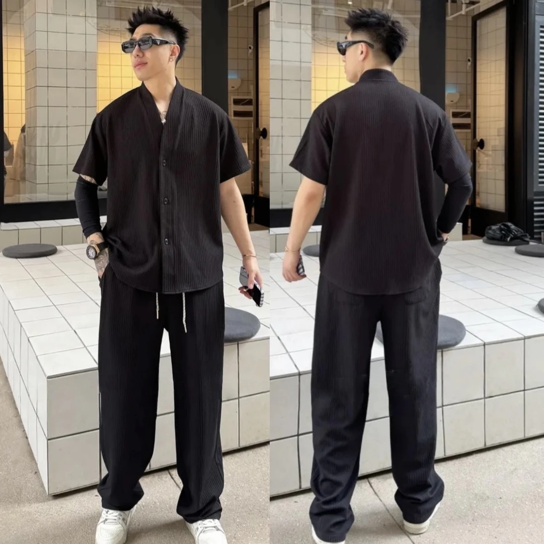 纯色V领竖纹肌理感痞帅时尚套装夏季短袖开衫休闲裤男士运动纯色