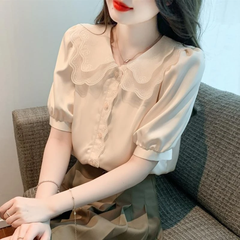 甜美气质减龄娃娃领雪纺衬衫女士夏季2025新款设计感泡泡短袖上衣