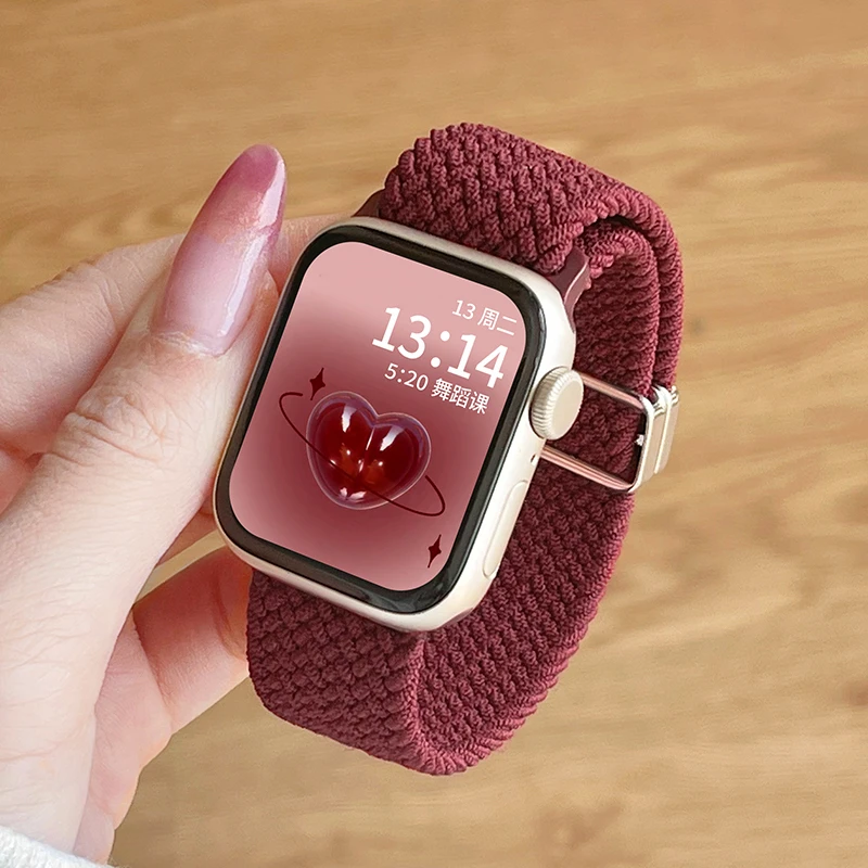 适用iwatchs10表带酒红色s9女式s8/7/6秋冬新款编织磁吸se女腕带