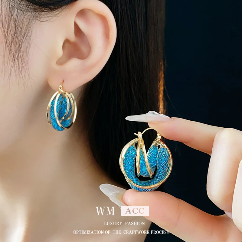 铜合金耳饰 【灿若星河】交叉网状双层耳扣个性设计感气质蓝色耳环