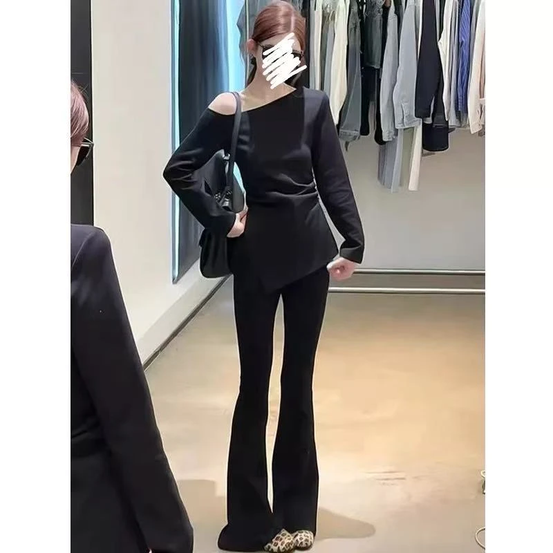 【现货】时尚气质纯欲斜肩上衣微喇裤子套装女新款显瘦两件套女装