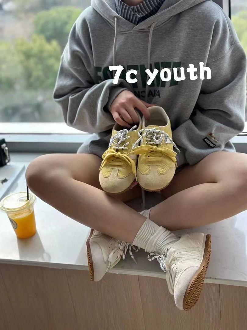 350【济洲岛】黄色真皮厚底小白鞋女2025新款运动板鞋德训