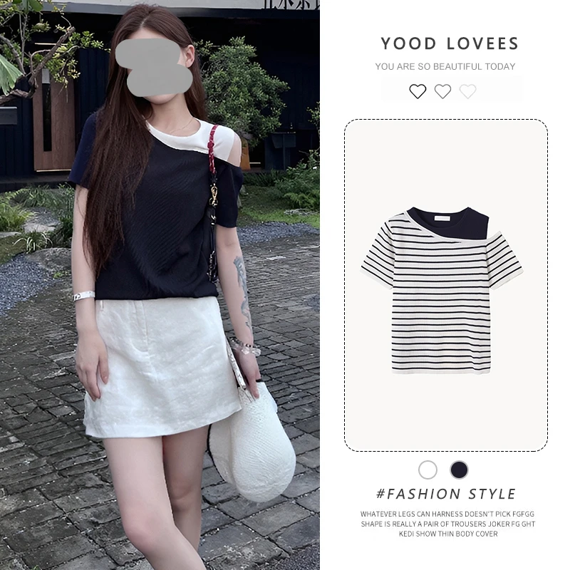 韩版休闲撞色条纹斜肩短袖t恤女2025夏季新款小个子独特别致上衣