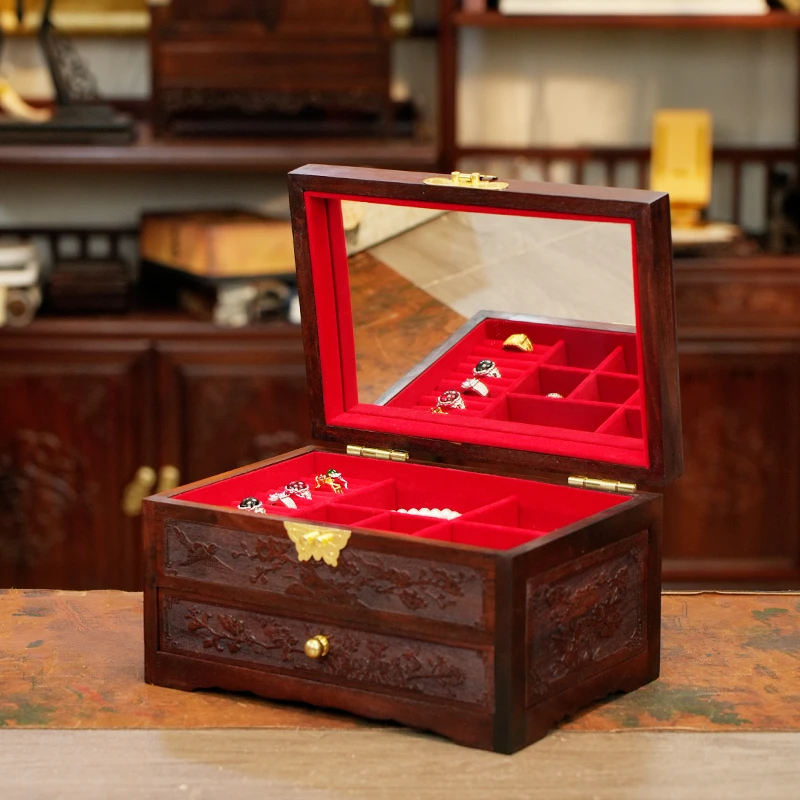 【大正製器】红酸枝巴里黄檀雕花幸福美满首饰盒26*18*15（首饰展示）