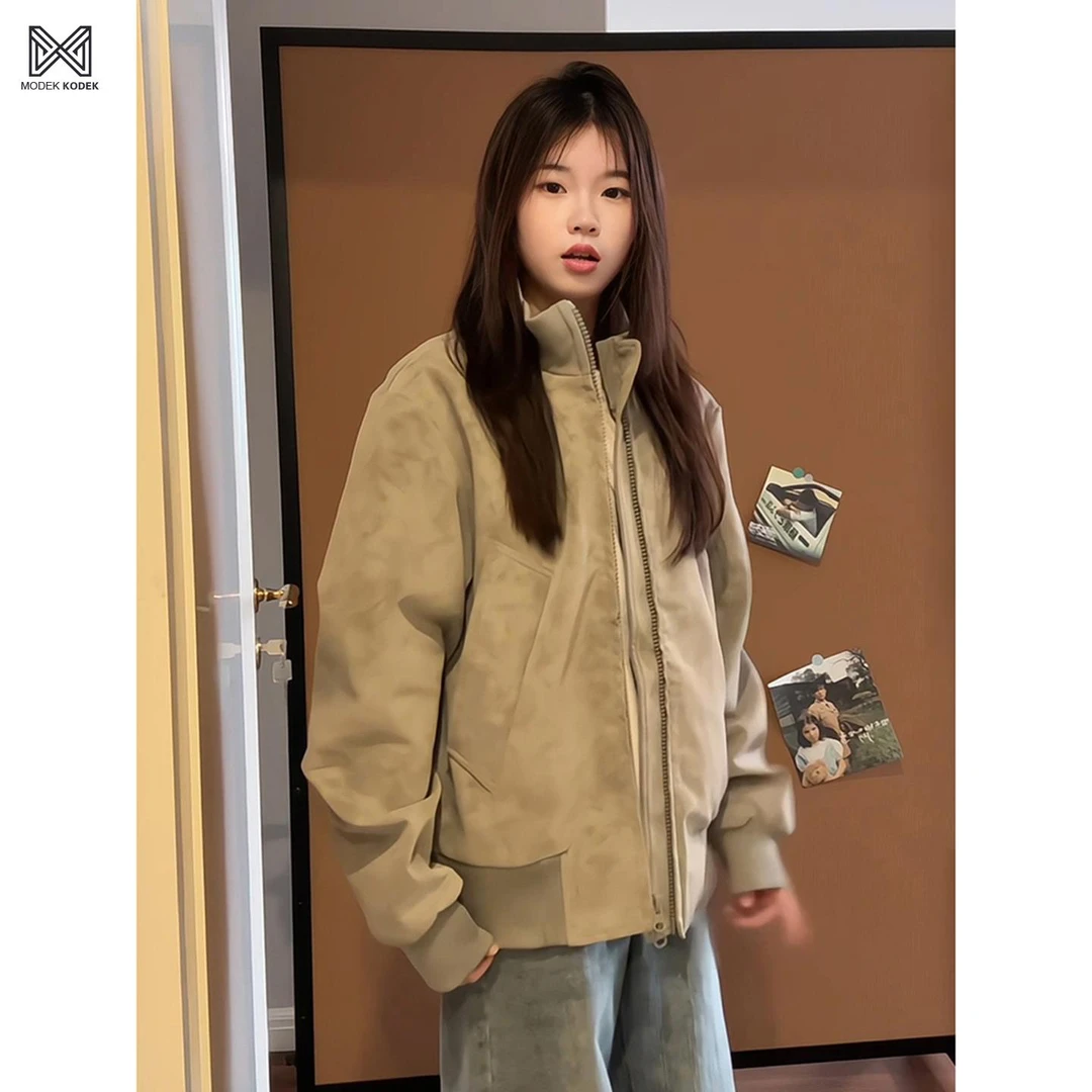 MODEK KODEK美式短款扎染皮夹克男女款冬季休闲加绒保暖棉服外套