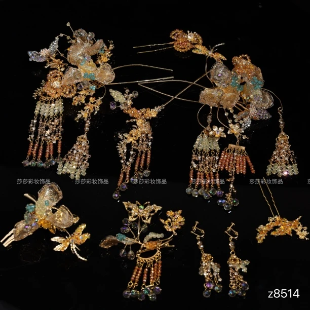 z8514香槟色水晶水凝胶琉璃花簇流苏步摇头饰套装