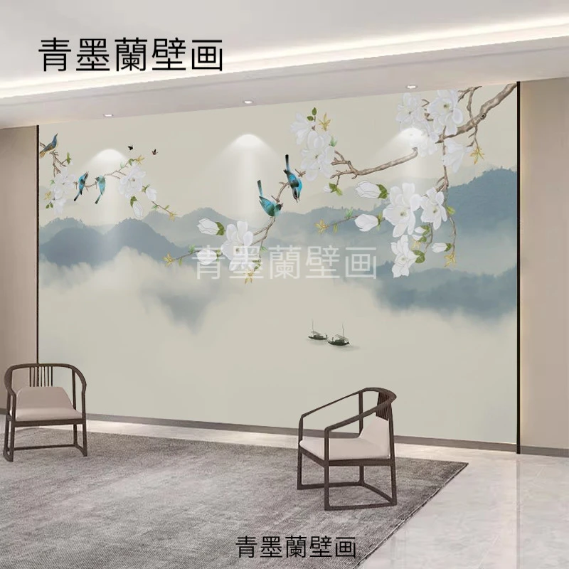 定制花鸟壁画中式牡丹花电视背景墙布客厅沙发茶室壁布卧室墙壁纸