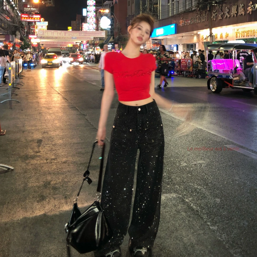 XIAOXIN【 闪钻牛仔】早春新款时尚重工烫钻阔腿牛仔裤LWJ25A1K136